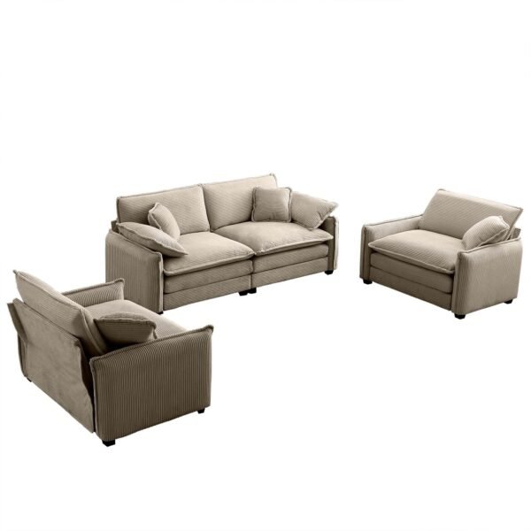Luxurious Tan Corduroy Sofa Set – 2 Single Sofas + 2-Seater Loveseat with Cushions for Living Room or Home Theater - Image 5