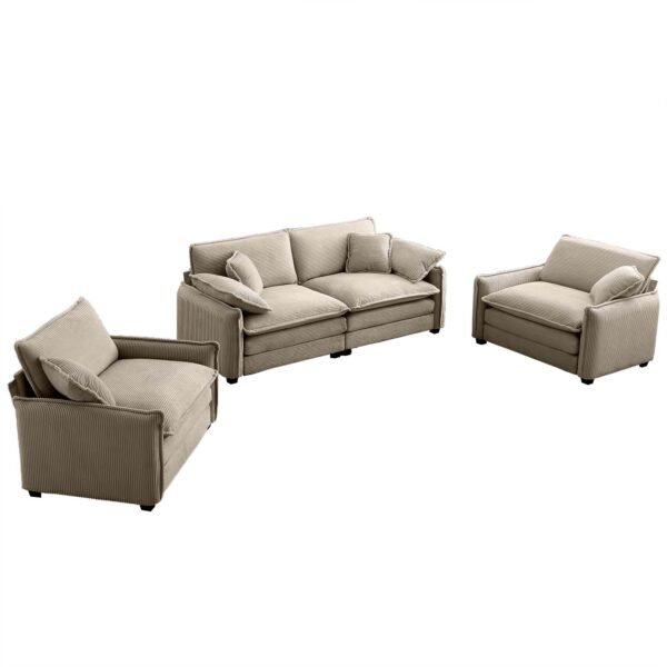 Luxurious Tan Corduroy Sofa Set – 2 Single Sofas + 2-Seater Loveseat with Cushions for Living Room or Home Theater - Image 6