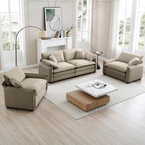 Luxurious Tan Corduroy Sofa Set – 2 Single Sofas + 2-Seater Loveseat with Cushions for Living Room or Home Theater