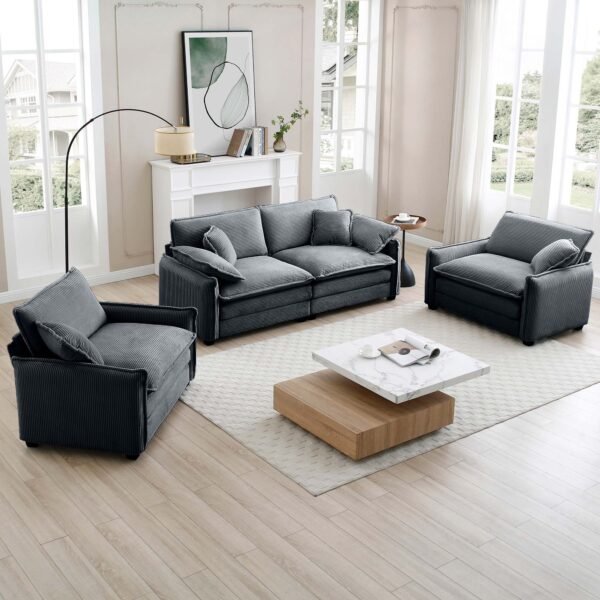 Luxurious Grey Corduroy Sofa Set – 2 Single Sofas + 2-Seater Loveseat with Cushions for Living Room or Home Theater - Image 2