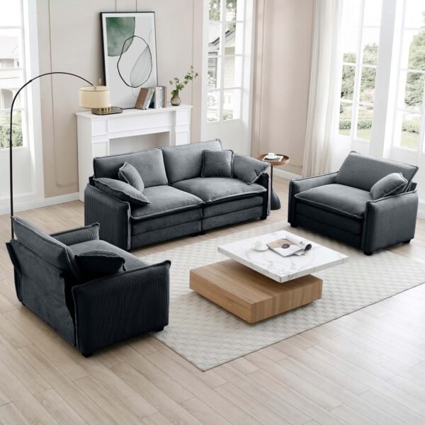 Luxurious Grey Corduroy Sofa Set – 2 Single Sofas + 2-Seater Loveseat with Cushions for Living Room or Home Theater - Image 3