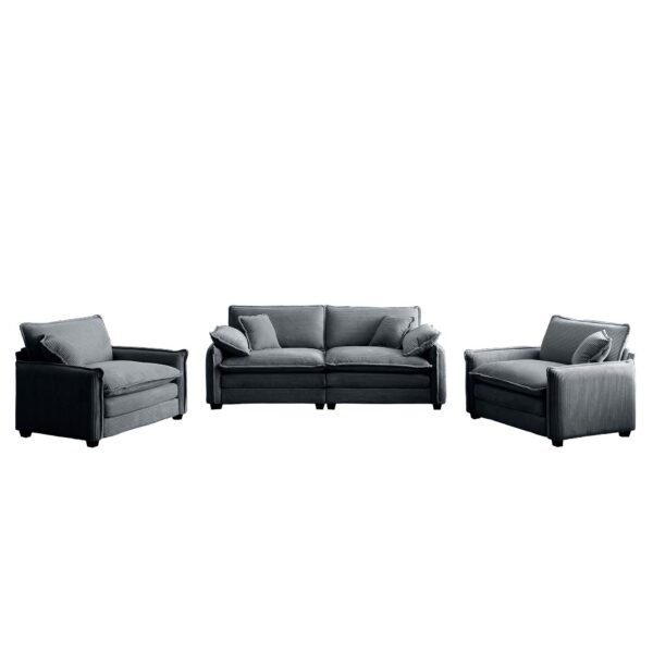 Luxurious Grey Corduroy Sofa Set – 2 Single Sofas + 2-Seater Loveseat with Cushions for Living Room or Home Theater - Image 4