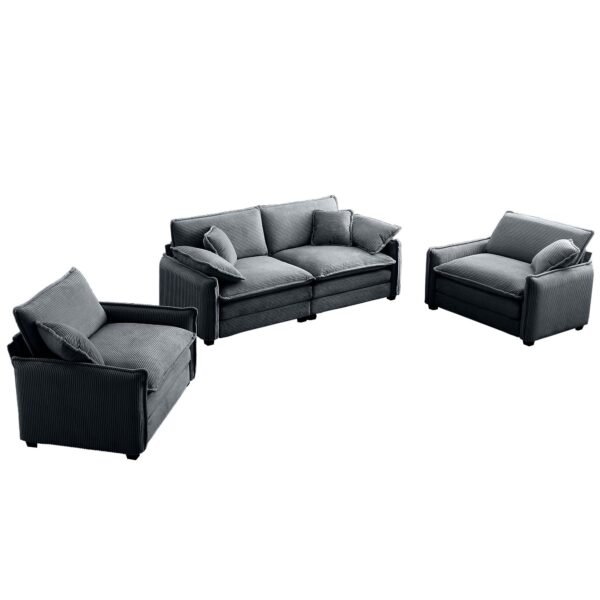 Luxurious Grey Corduroy Sofa Set – 2 Single Sofas + 2-Seater Loveseat with Cushions for Living Room or Home Theater - Image 5
