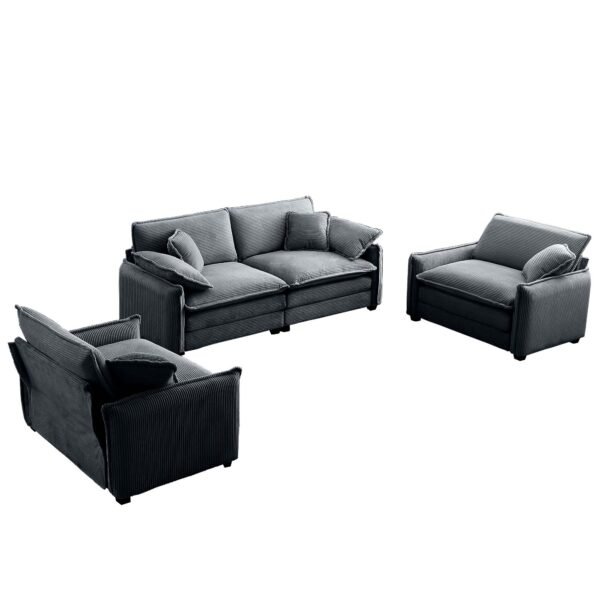 Luxurious Grey Corduroy Sofa Set – 2 Single Sofas + 2-Seater Loveseat with Cushions for Living Room or Home Theater - Image 6