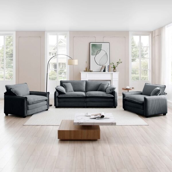 Luxurious Grey Corduroy Sofa Set – 2 Single Sofas + 2-Seater Loveseat with Cushions for Living Room or Home Theater