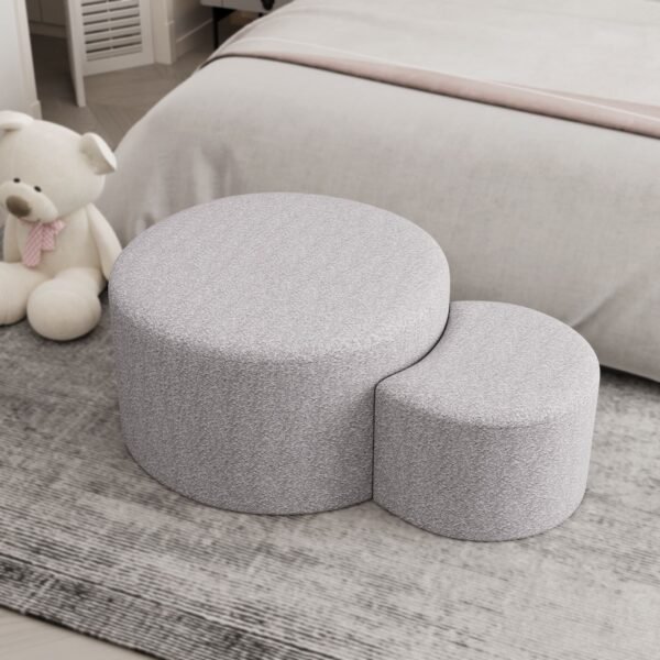 Set of 2 Beige Upholstered Nesting Coffee Tables – Ottoman, Side Table & Footrest for Living Room or Bedroom - Image 2