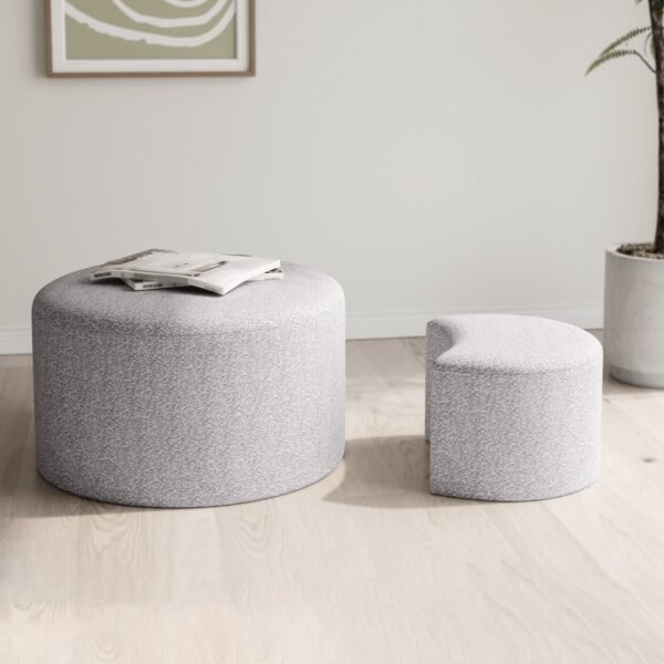 Set of 2 Beige Upholstered Nesting Coffee Tables – Ottoman, Side Table & Footrest for Living Room or Bedroom - Image 3