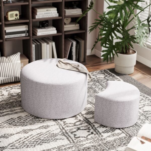 Set of 2 Beige Upholstered Nesting Coffee Tables – Ottoman, Side Table & Footrest for Living Room or Bedroom - Image 4