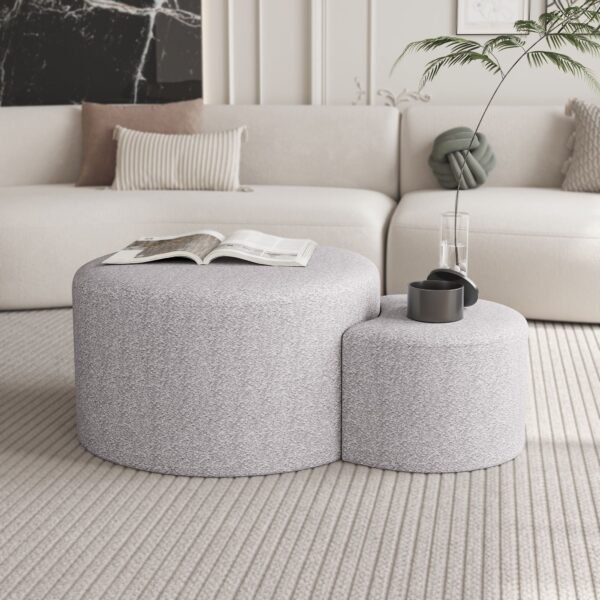 Set of 2 Beige Upholstered Nesting Coffee Tables – Ottoman, Side Table & Footrest for Living Room or Bedroom