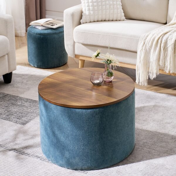 Dark Blue Round Chenille Storage Ottoman Set with Drum Stool - Image 2