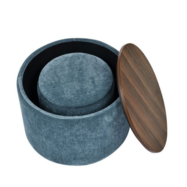 Dark Blue Round Chenille Storage Ottoman Set with Drum Stool - Image 11