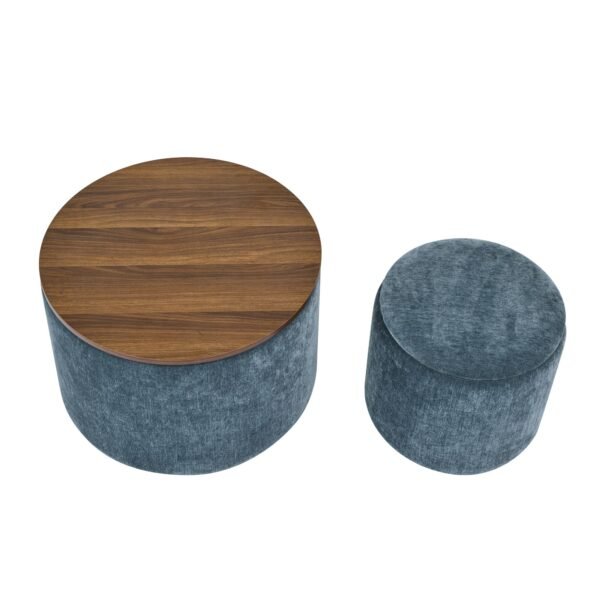 Dark Blue Round Chenille Storage Ottoman Set with Drum Stool - Image 12