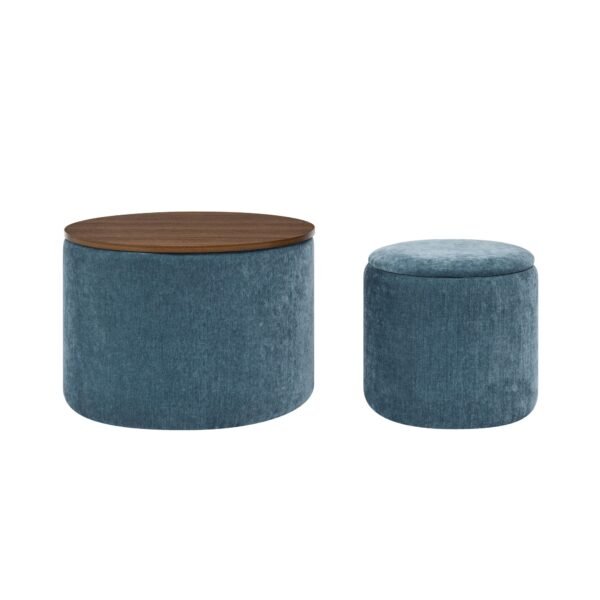 Dark Blue Round Chenille Storage Ottoman Set with Drum Stool - Image 13