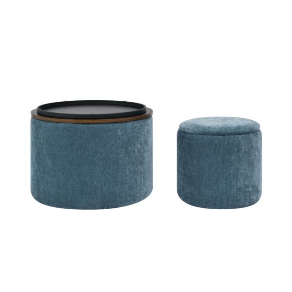 Dark Blue Round Chenille Storage Ottoman Set with Drum Stool - Image 14