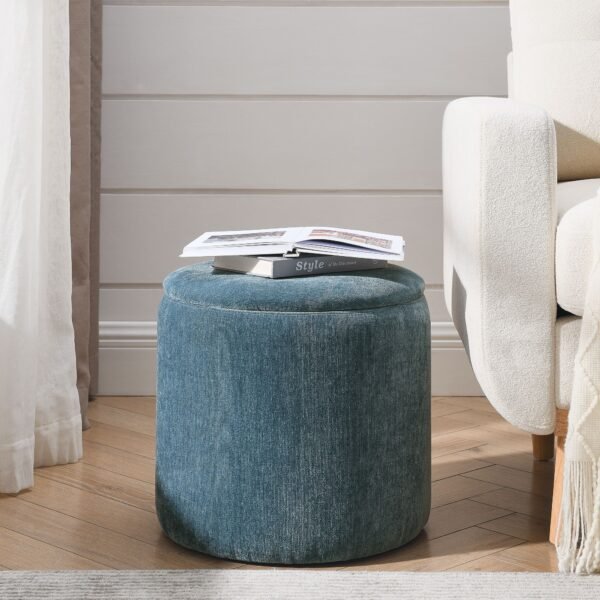 Dark Blue Round Chenille Storage Ottoman Set with Drum Stool - Image 3