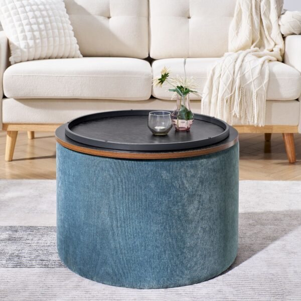 Dark Blue Round Chenille Storage Ottoman Set with Drum Stool - Image 4
