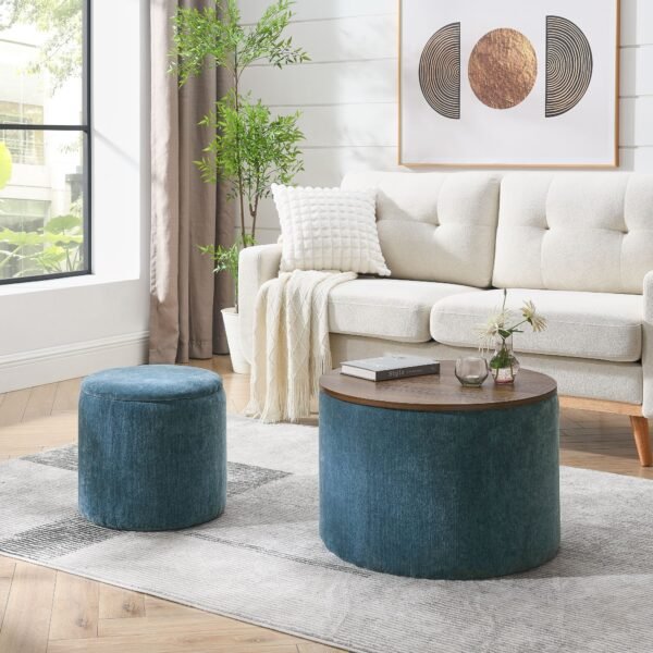 Dark Blue Round Chenille Storage Ottoman Set with Drum Stool