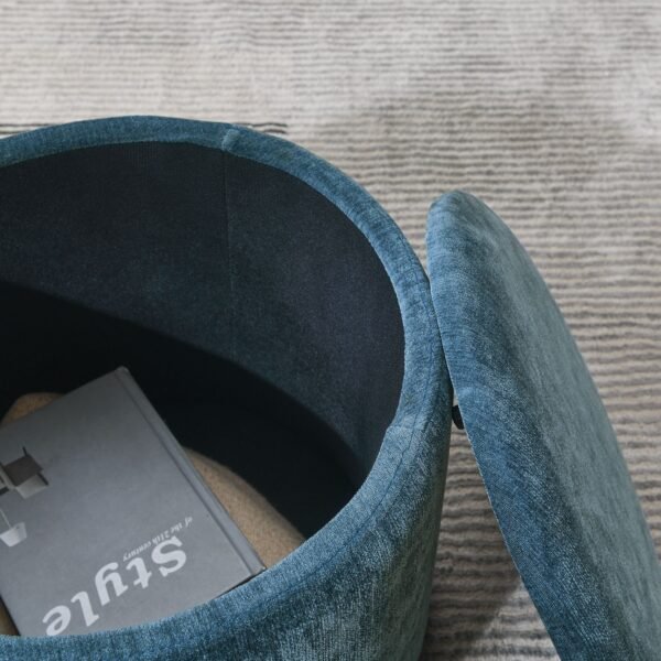 Dark Blue Round Chenille Storage Ottoman Set with Drum Stool - Image 10