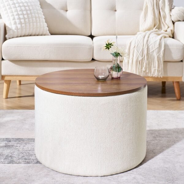 Beige Round Chenille Storage Ottoman Set with Drum Stool - Image 2