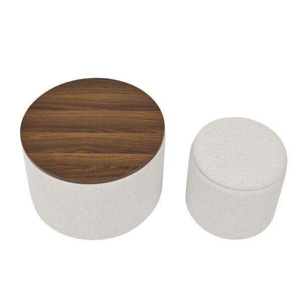 Beige Round Chenille Storage Ottoman Set with Drum Stool - Image 11