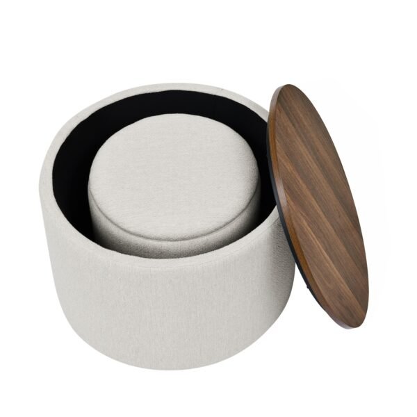 Beige Round Chenille Storage Ottoman Set with Drum Stool - Image 12
