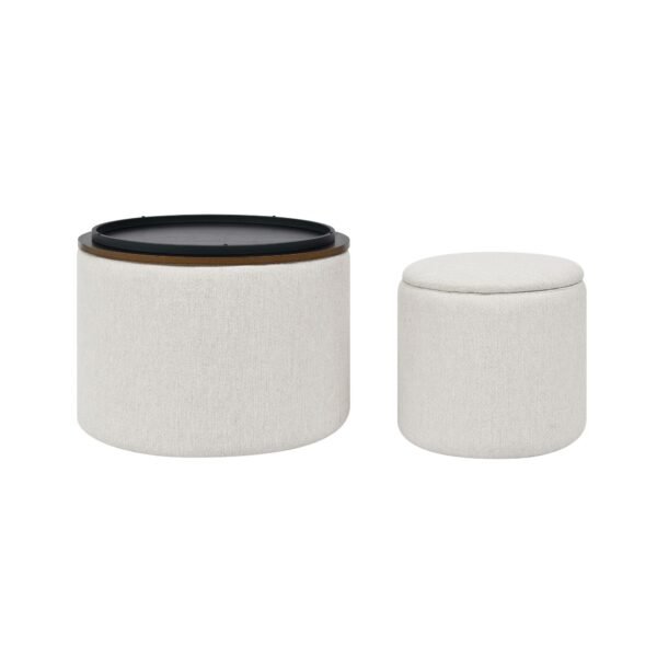 Beige Round Chenille Storage Ottoman Set with Drum Stool - Image 13