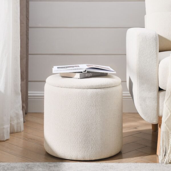 Beige Round Chenille Storage Ottoman Set with Drum Stool - Image 3
