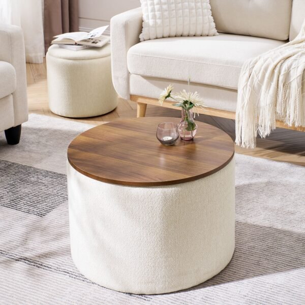 Beige Round Chenille Storage Ottoman Set with Drum Stool - Image 4