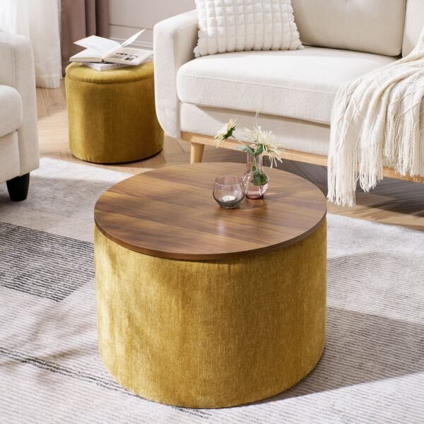 Yellow Round Chenille Storage Ottoman Set with Drum Stool - Image 2