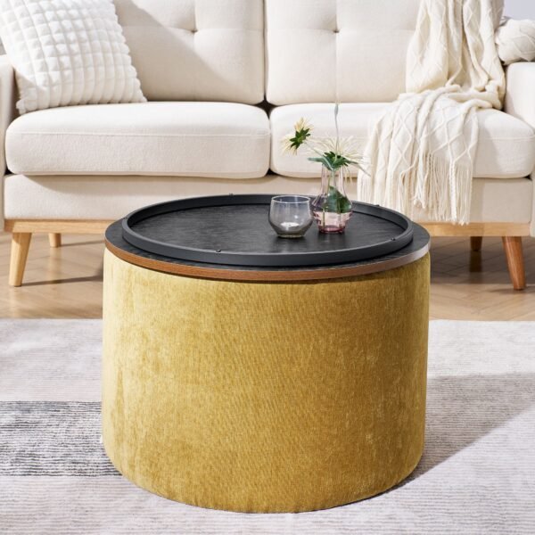 Yellow Round Chenille Storage Ottoman Set with Drum Stool - Image 4