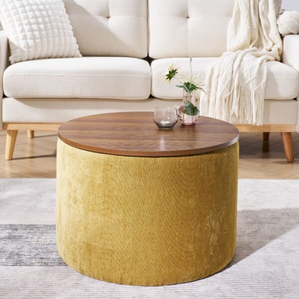 Yellow Round Chenille Storage Ottoman Set with Drum Stool - Image 5