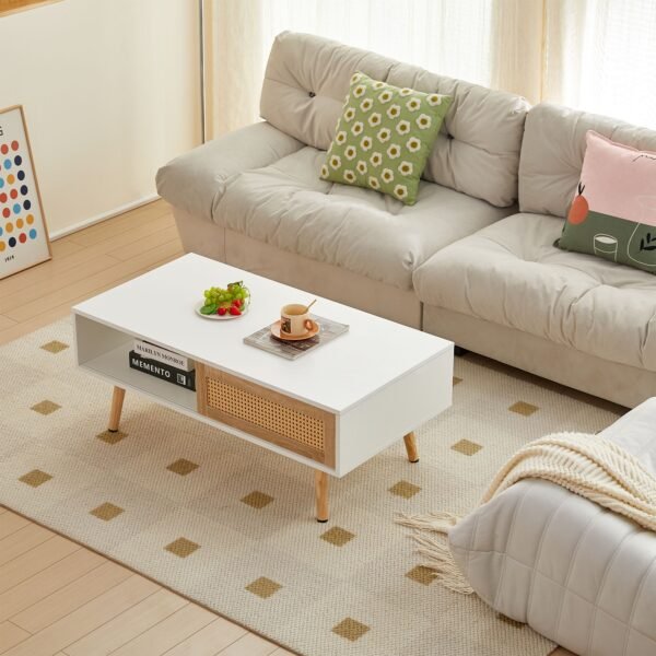 41.34" Rattan Coffee table, sliding door for storage, solid wood legs, Modern table for living room - Image 21