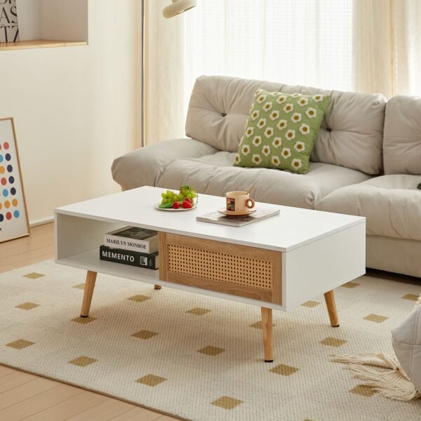 41.34" Rattan Coffee table, sliding door for storage, solid wood legs, Modern table for living room - Image 18