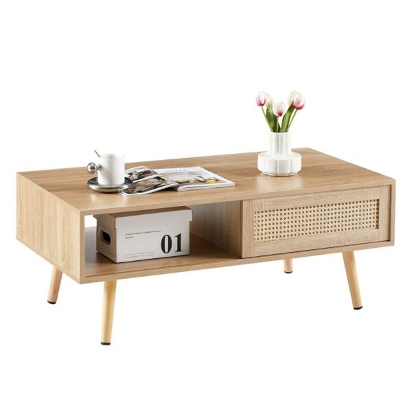 41.34" Rattan Coffee table, sliding door for storage, solid wood legs, Modern table for living room - Image 14