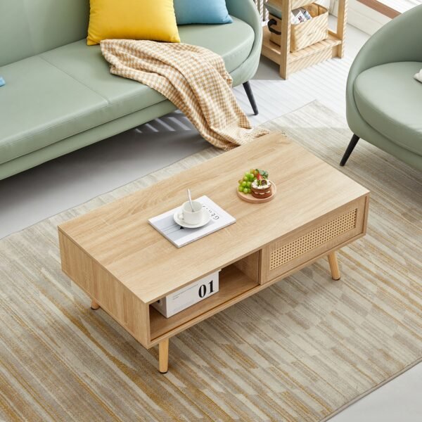 41.34" Rattan Coffee table, sliding door for storage, solid wood legs, Modern table for living room - Image 15
