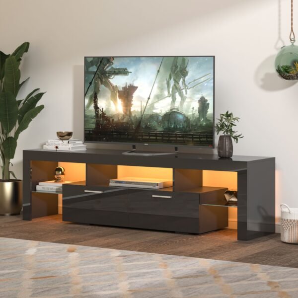 Modern Black TV Stand with LED Lights – Fits 65" TV, Glass Shelf, Remote, Drawers & Metal Handle - Image 2