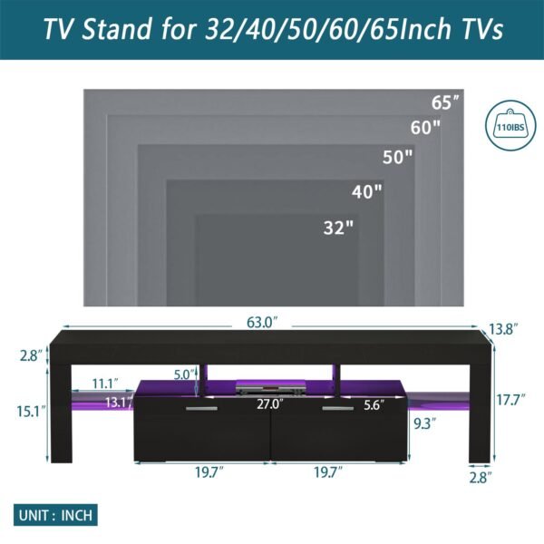 Modern Black TV Stand with LED Lights – Fits 65" TV, Glass Shelf, Remote, Drawers & Metal Handle - Image 3