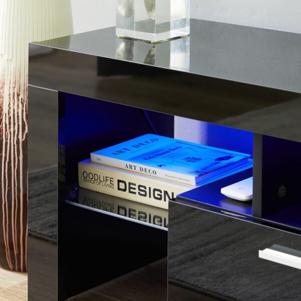 Modern Black TV Stand with LED Lights – Fits 65" TV, Glass Shelf, Remote, Drawers & Metal Handle - Image 4