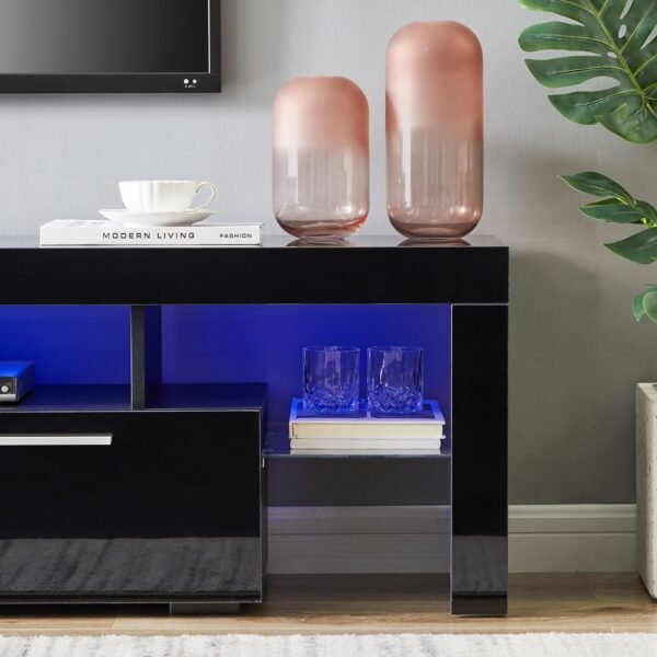 Modern Black TV Stand with LED Lights – Fits 65" TV, Glass Shelf, Remote, Drawers & Metal Handle - Image 5