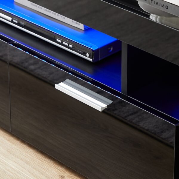 Modern Black TV Stand with LED Lights – Fits 65" TV, Glass Shelf, Remote, Drawers & Metal Handle - Image 6
