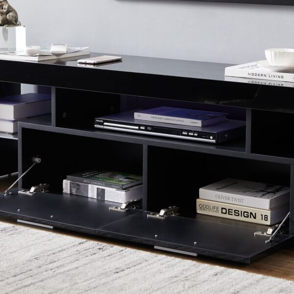 Modern Black TV Stand with LED Lights – Fits 65" TV, Glass Shelf, Remote, Drawers & Metal Handle - Image 7