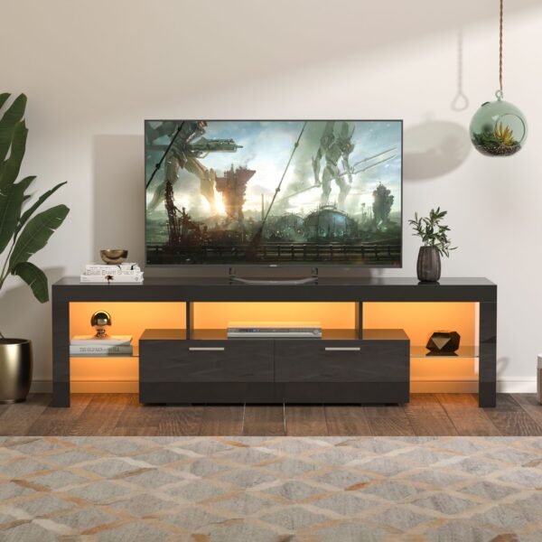 Modern Black TV Stand with LED Lights – Fits 65" TV, Glass Shelf, Remote, Drawers & Metal Handle
