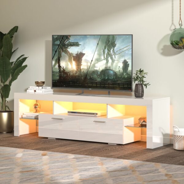 Modern White TV Stand with LED Lights – Fits 65" TV, Glass Shelf, Remote, Drawers & Metal Handle - Image 2