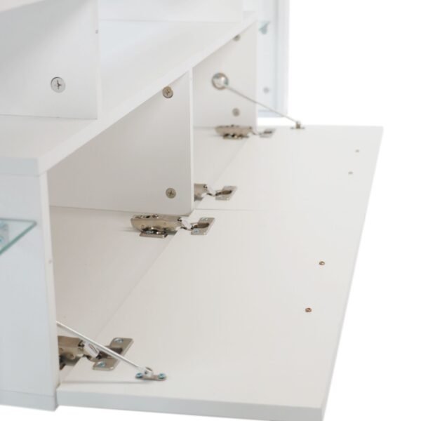 Modern White TV Stand with LED Lights – Fits 65" TV, Glass Shelf, Remote, Drawers & Metal Handle - Image 13