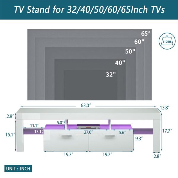 Modern White TV Stand with LED Lights – Fits 65" TV, Glass Shelf, Remote, Drawers & Metal Handle - Image 3