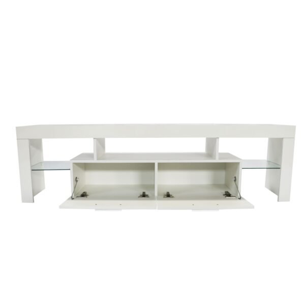 Modern White TV Stand with LED Lights – Fits 65" TV, Glass Shelf, Remote, Drawers & Metal Handle - Image 5