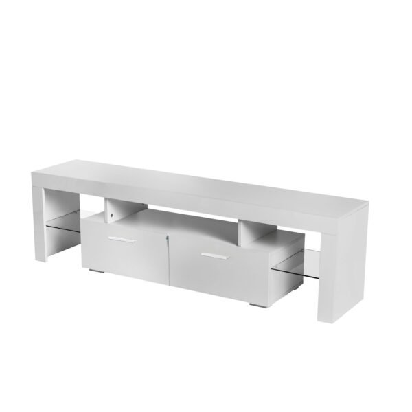 Modern White TV Stand with LED Lights – Fits 65" TV, Glass Shelf, Remote, Drawers & Metal Handle - Image 6