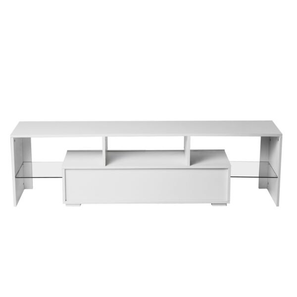 Modern White TV Stand with LED Lights – Fits 65" TV, Glass Shelf, Remote, Drawers & Metal Handle - Image 8
