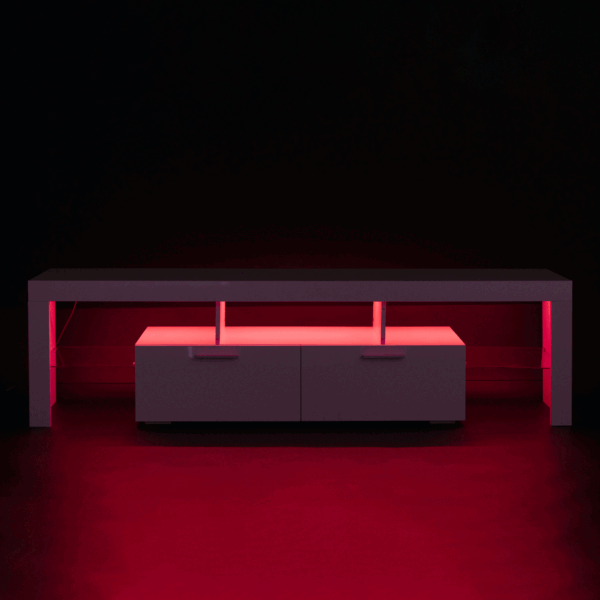 Modern White TV Stand with LED Lights – Fits 65" TV, Glass Shelf, Remote, Drawers & Metal Handle - Image 4