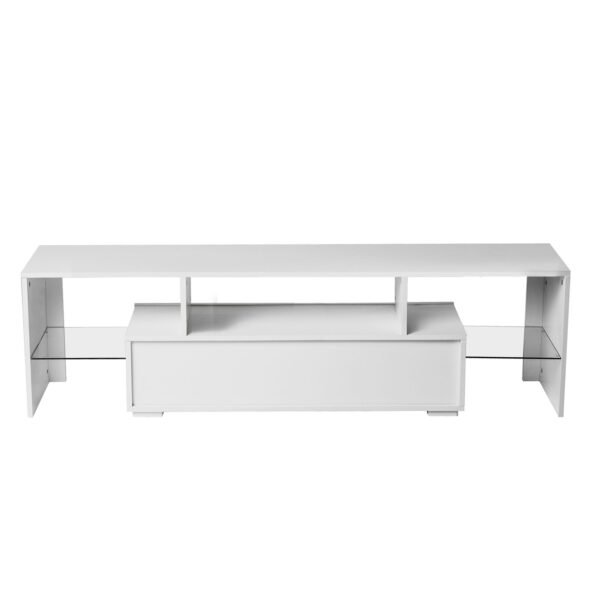 Modern White TV Stand with LED Lights – Fits 65" TV, Glass Shelf, Remote, Drawers & Metal Handle - Image 9